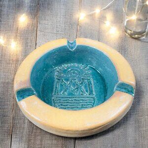 Vintage Mexican Pottery Ashtray Dish Green Teal Aztec Clay Hand Made Decor Dish